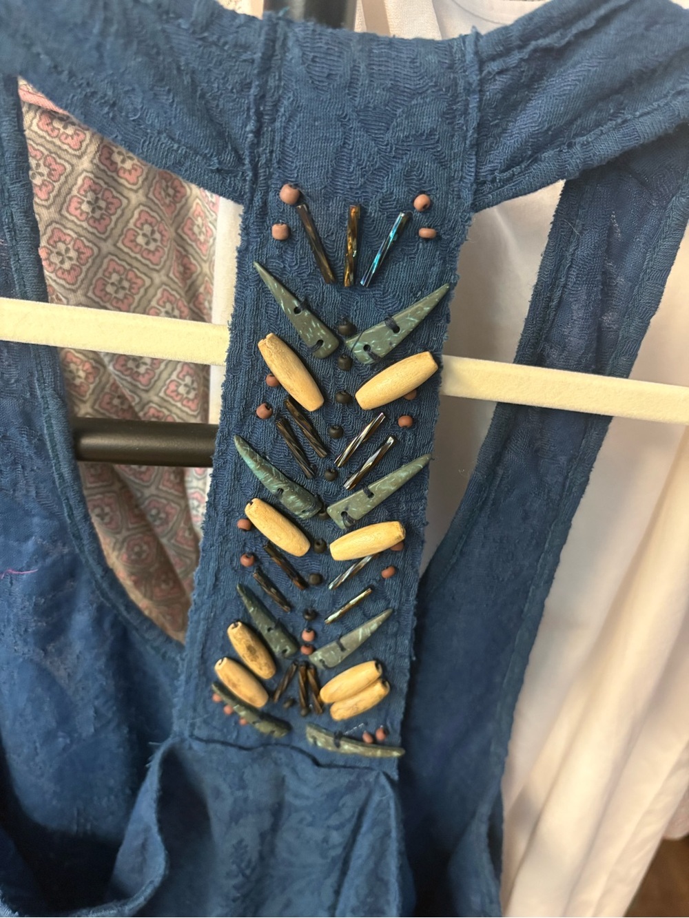 Free People Blue Embellished Tank with Wood Bead Accents